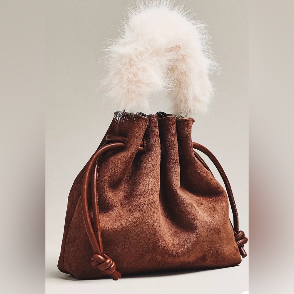 Cinched Suede Faux Fur Bucket Bag